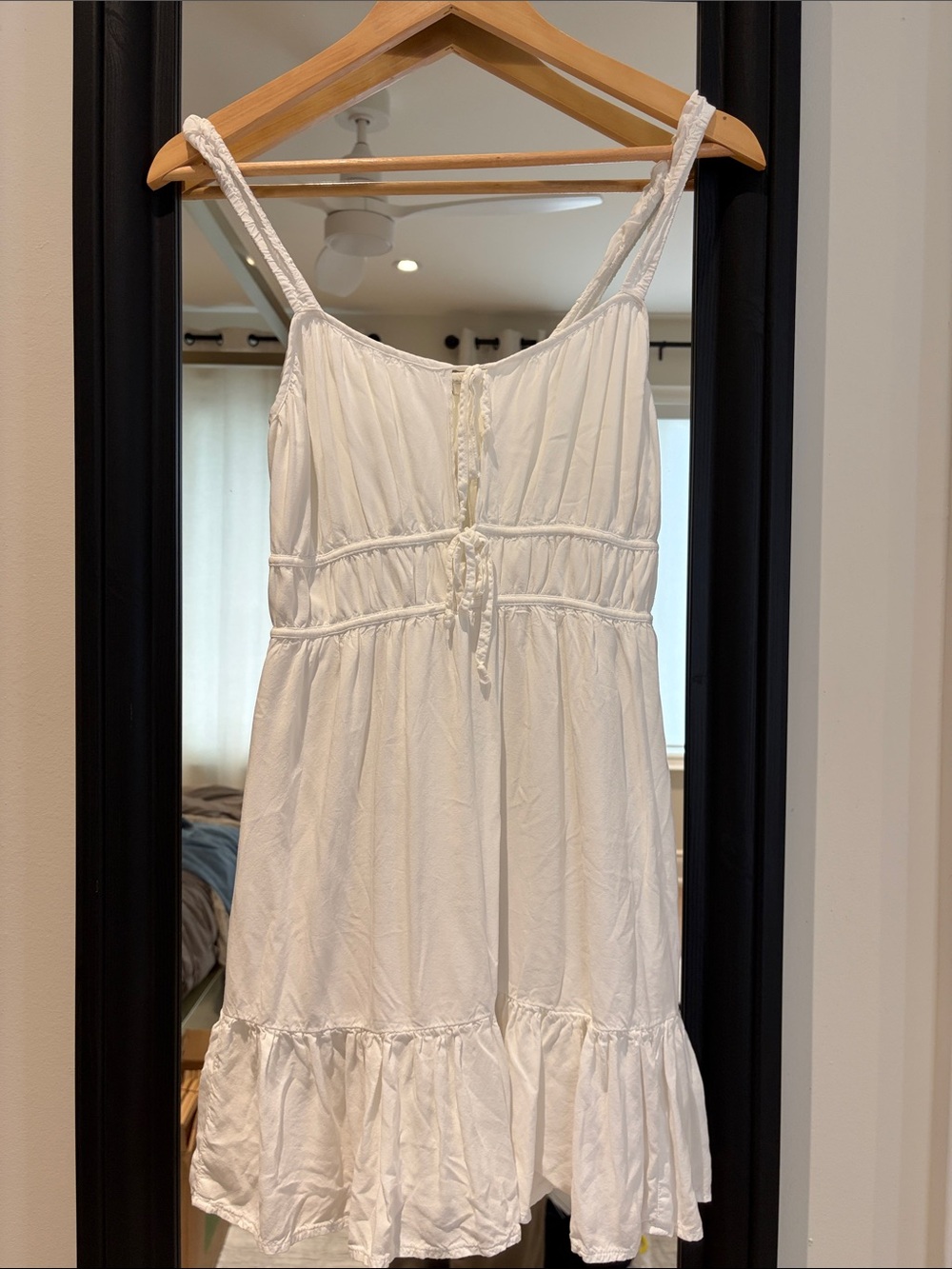 American Eagle Outfitters White Ruffle-Hem Tie-Front Slip Dress